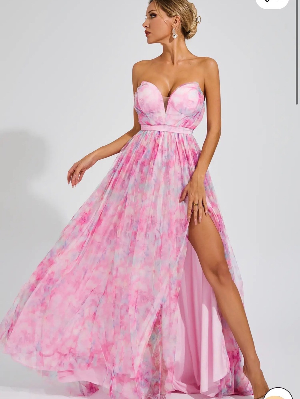 Sweetheart Strapless Pink Watercolor Maxi Dress with High Slit